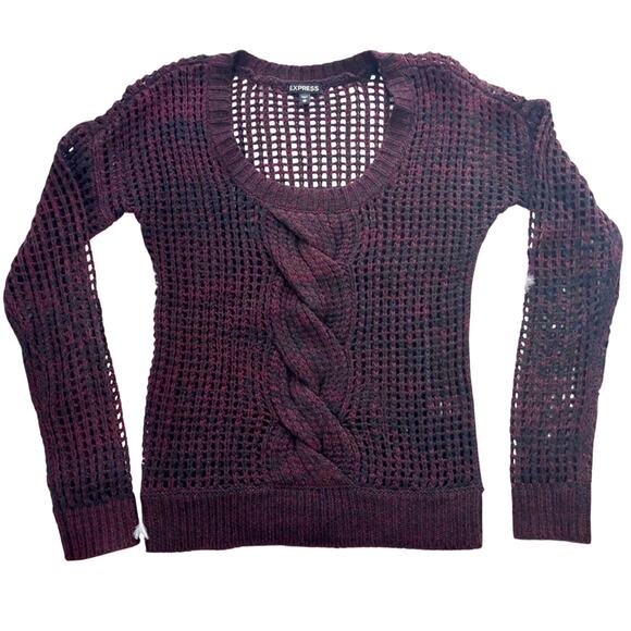 Express Loose Weave Pullover Sweater Maroon Black Cable Knit Scoop Neck - Picture 12 of 16